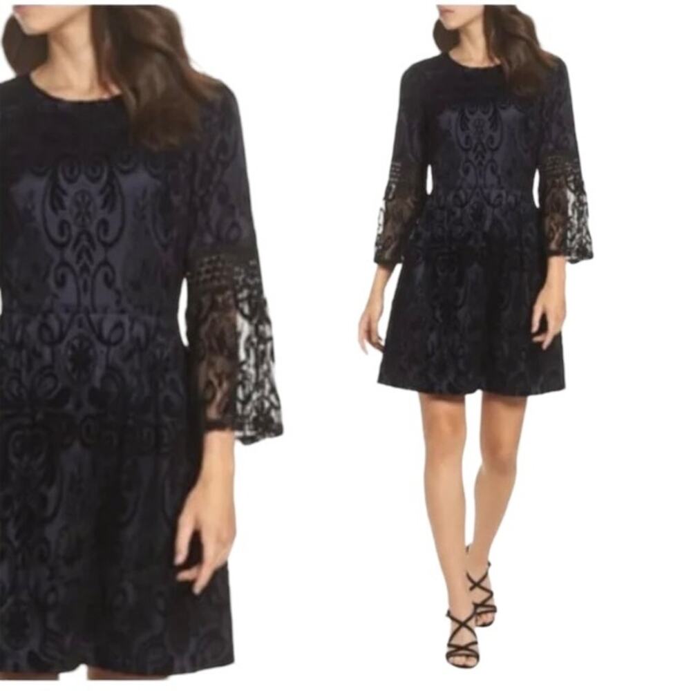 Eliza J Blue With Black Lace Overlay Dress Size 12 Goth Whimsigoth Dark Fairy